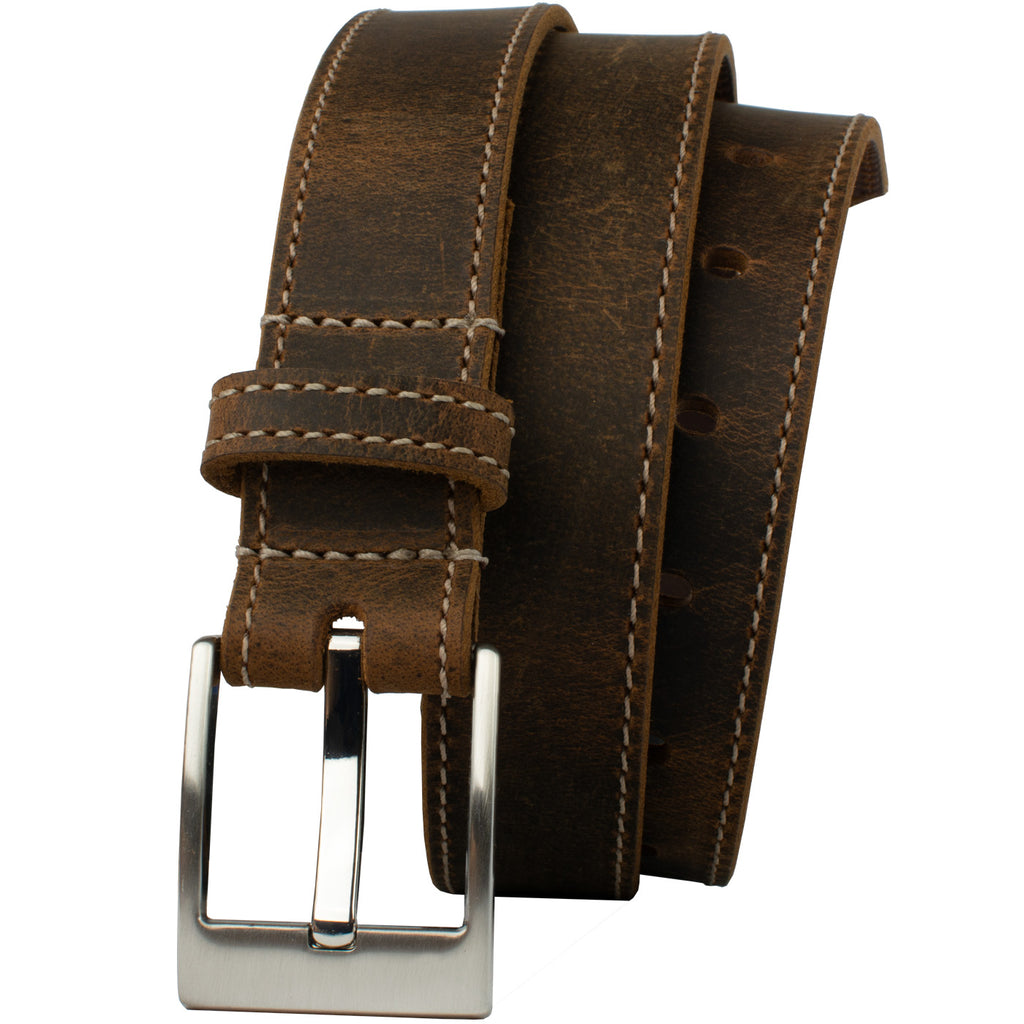 Caraway Mountain Distressed Brown Leather Belt (Stitched) by Nickel Smart. Nickel free buckle.