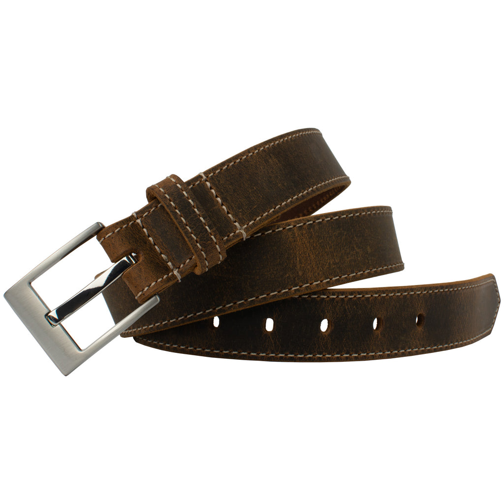Caraway Mountain Distressed Brown Leather Belt (Stitched). Square buckle stitched to strap.