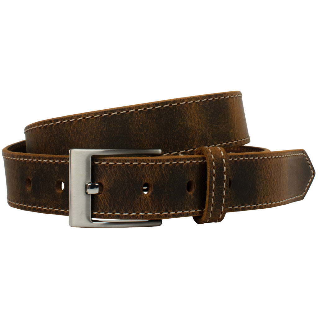 Distressed brown leather with Contrasting single stitch on edges, hypoallergenic square buckle