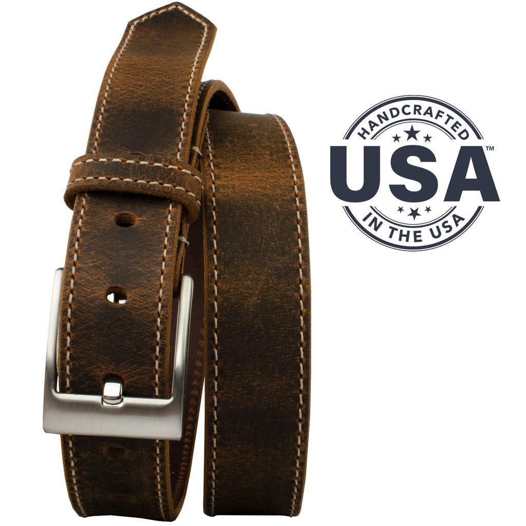 Caraway Mountain Distressed Brown Leather Belt (Stitched). Handcrafted in the USA. Zinc alloy buckle