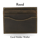 Reed Card Holder Wallet. Dark brown distressed leather with cream accent stitching around edges.