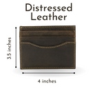 Reed Wallet. Distressed Leather. 3.5 inches tall by 4 inches wide. Slim fit for everyday use.