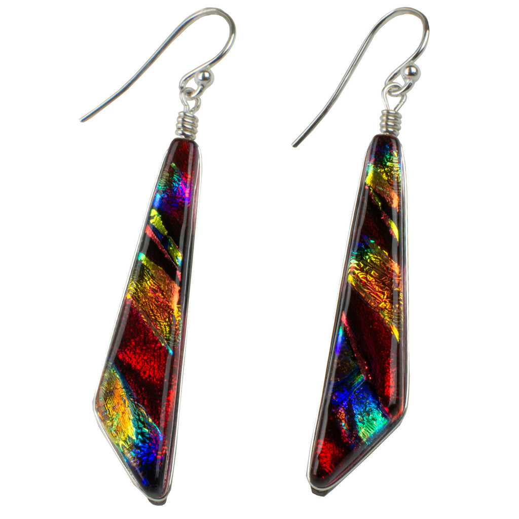 Cascades Earrings - Rainbow Red by Nickel Smart. Comet-shaped glass dangle earrings; rainbow red.