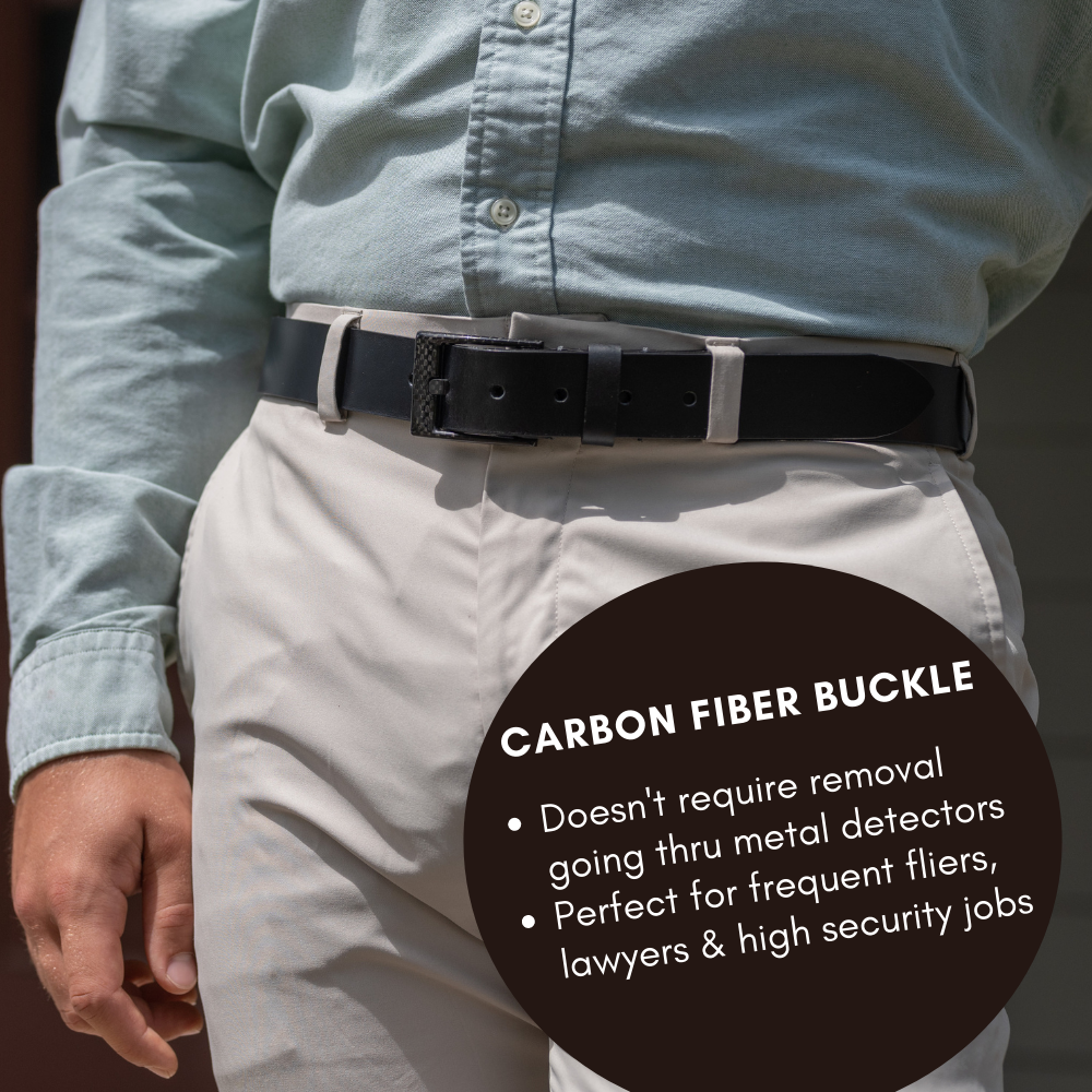 Carbon Fiber Buckle: no need to remove for metal detectors; ideal for frequent flyers and lawyers.