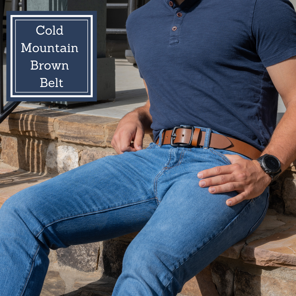 Cold Mountain Brown Belt on model in jeans. Belt is 1½" (38 mm) in width, great jeans belt.
