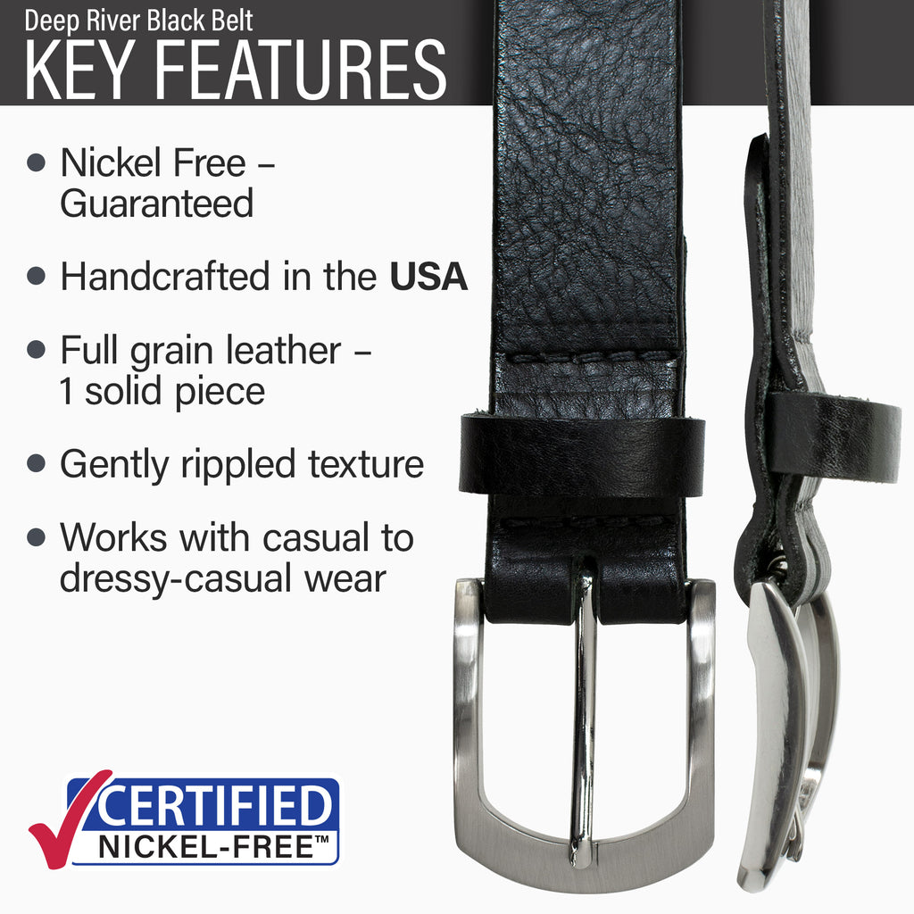 Nickel-free buckle stitched to full grain leather strap, gently rippled texture, dressy-casual