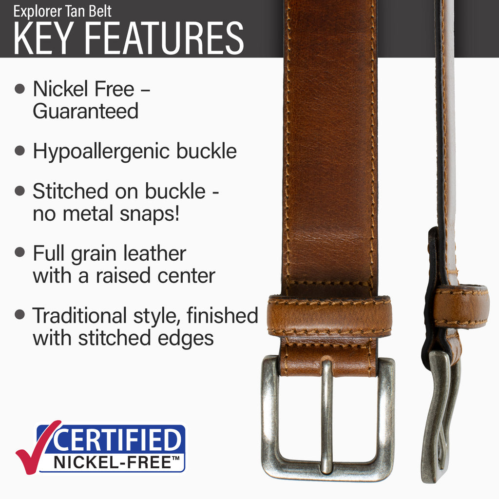 Hypoallergenic buckle, stitched on nickel-free buckle, tan full grain leather, traditional style.