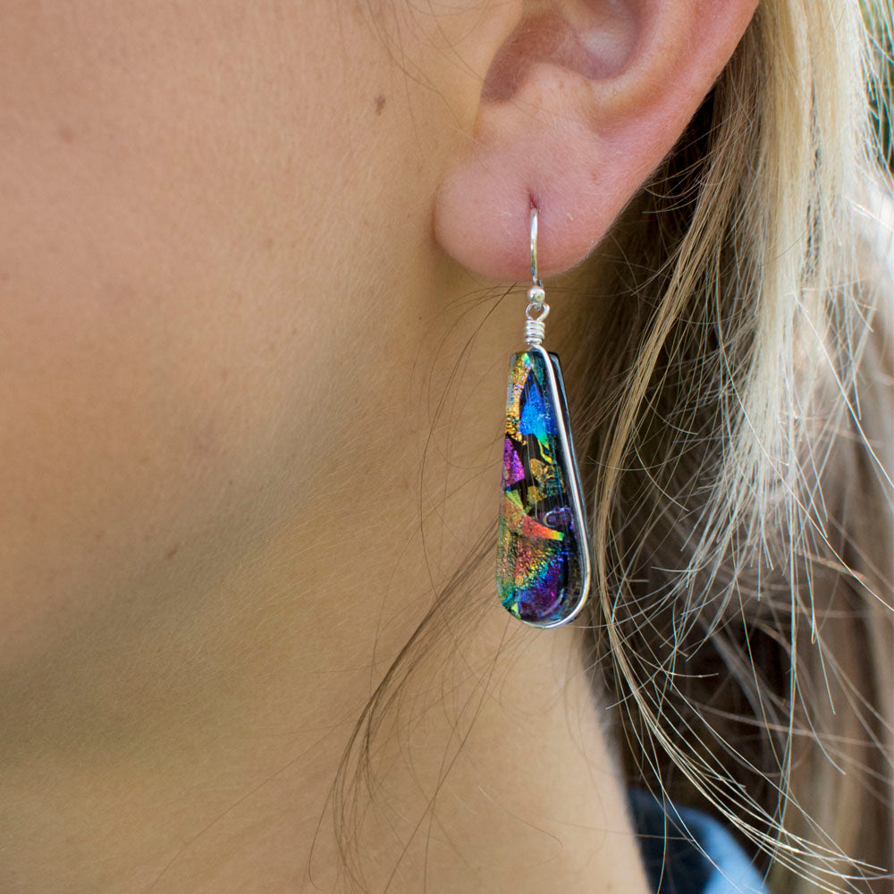 Firewater Falls Earrings - Kaleidoscope on model. Approximate length 3.8cm or 1.5in. Bright colors.