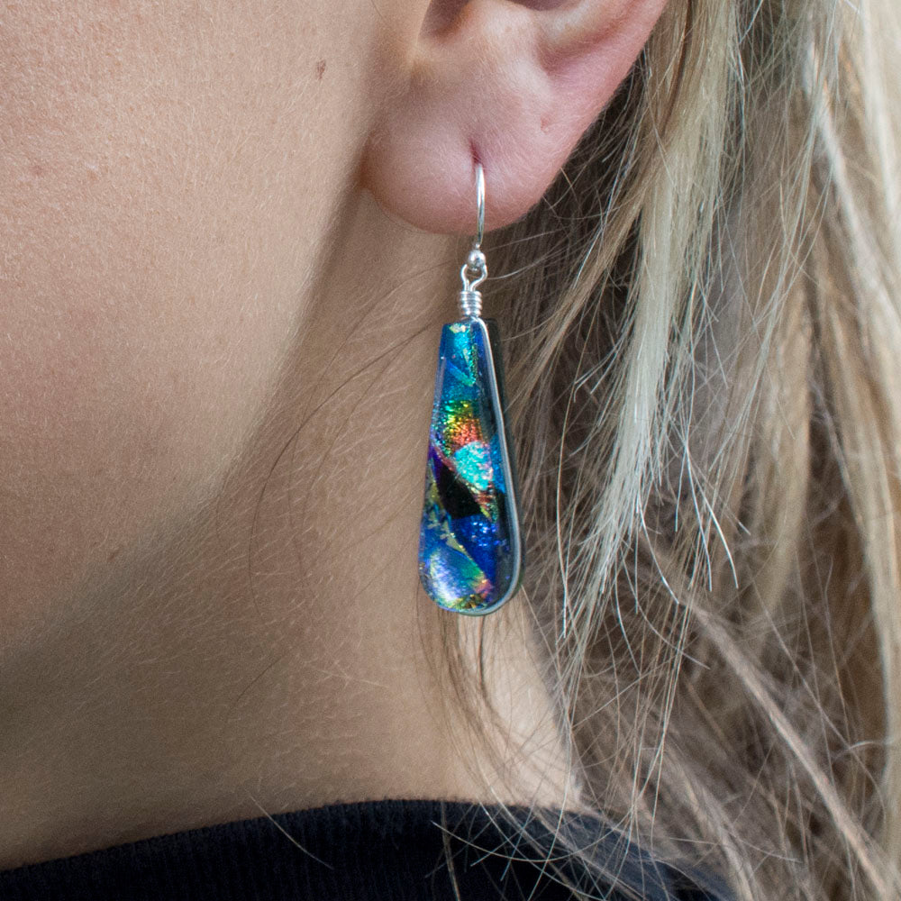 Sterling Silver Dichroic Glass Rainbow Blue Rectangular Earring