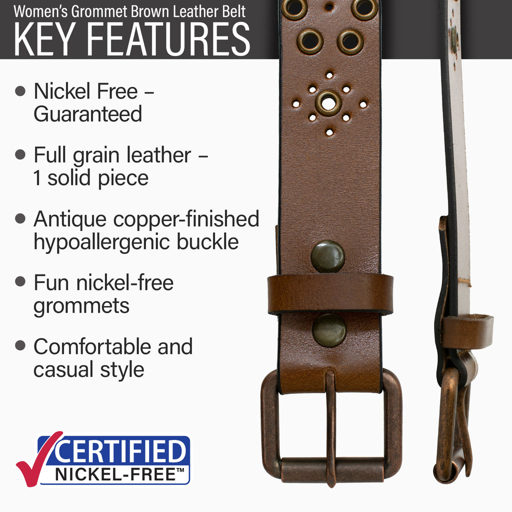 Hypoallergenic nickel-free copper buckle stitched to full grain leather, nickel-free grommets