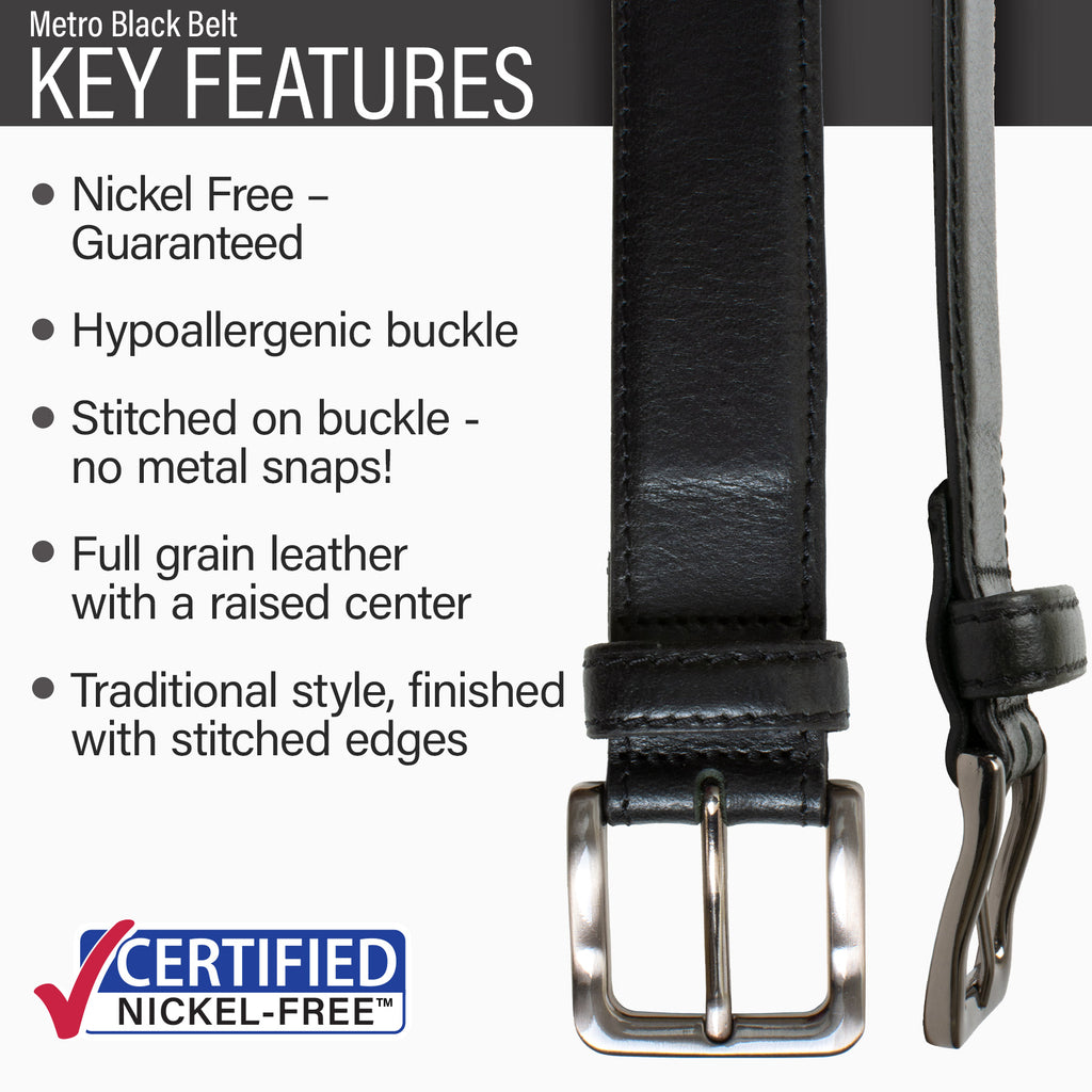 Hypoallergenic buckle, stitched on nickel-free buckle, full grain leather, traditional style.