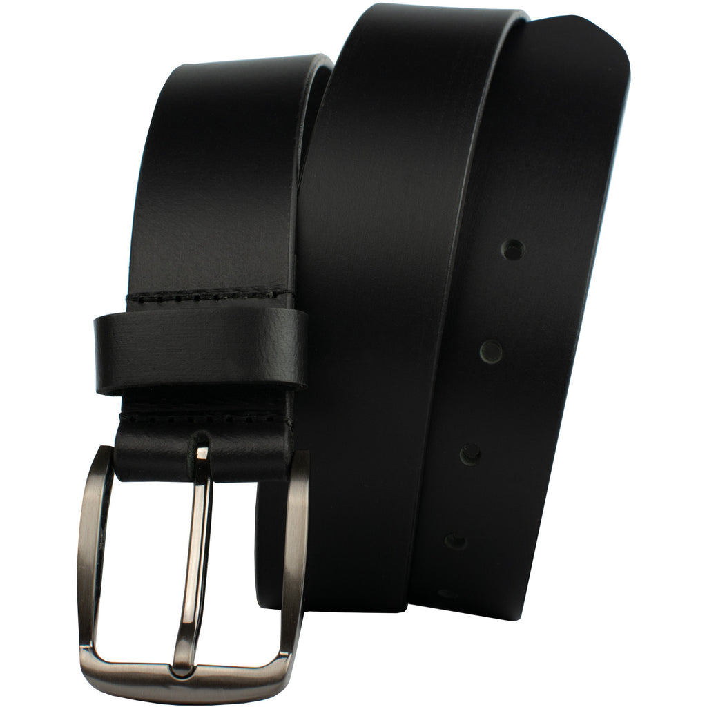 Millennial Black Belt by Nickel Zero. Sleek black leather strap with finished edges; gray buckle.