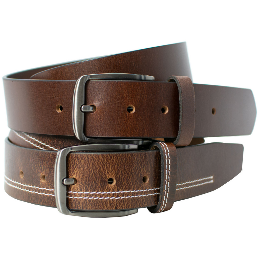 Millennial Brown and Brown Stitched Leather Belt Set. Silver-tone zinc alloy buckles.