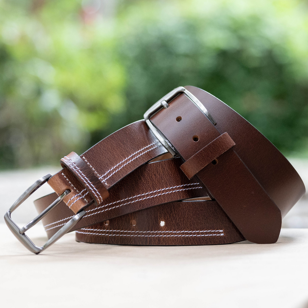 Millennial Brown and Brown Stitched Leather Belt Set. Buckle stitched directly to strap.