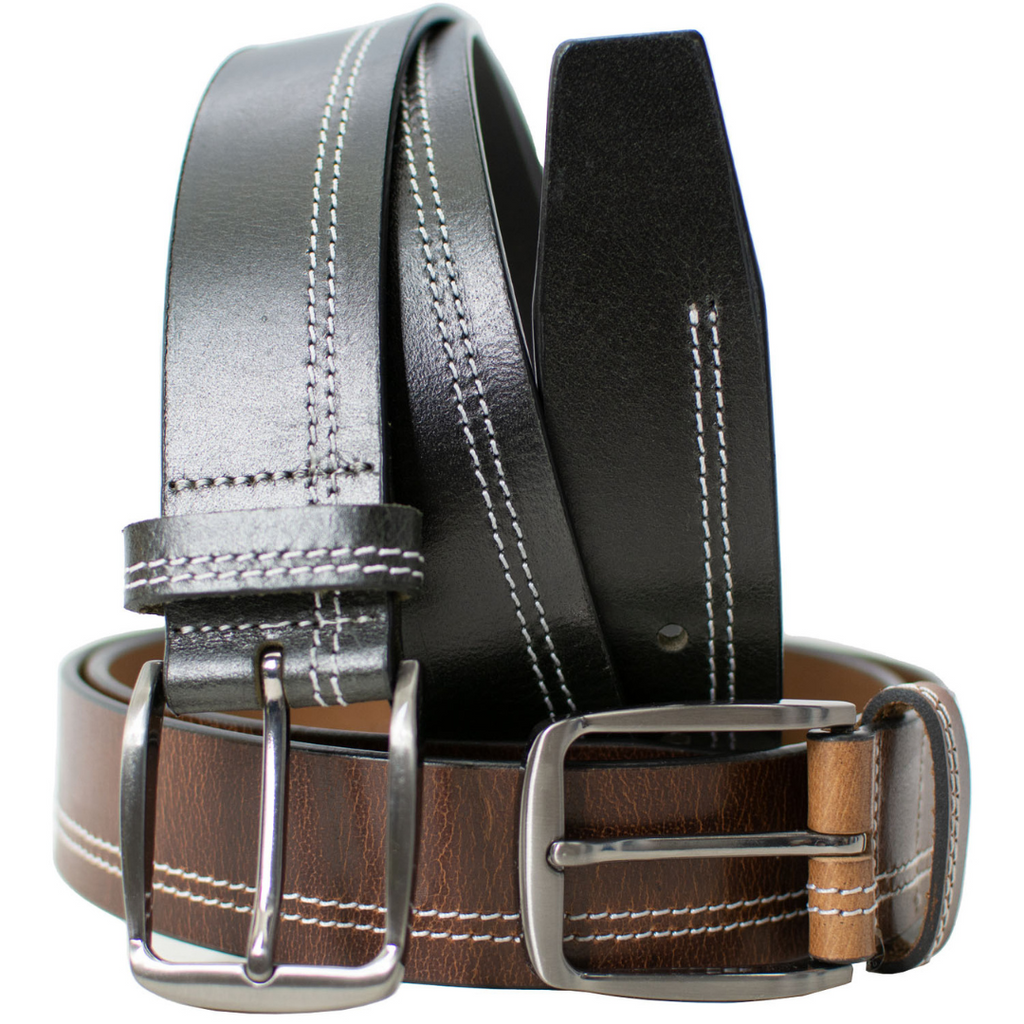 Millennial Black Stitched and Brown Stitched Leather Belt Set by Nickel Zero. One black, one brown.