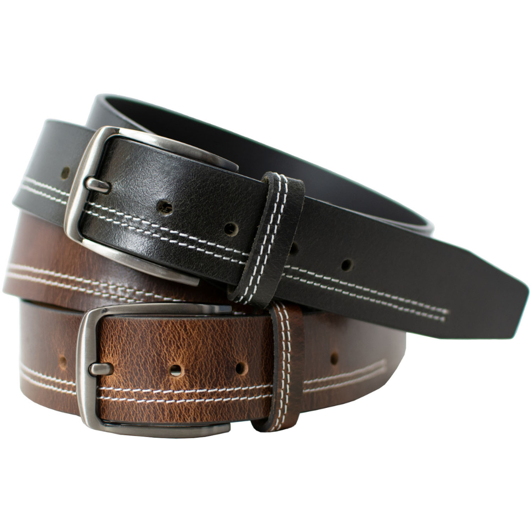 Millennial Black and brown Stitched Leather Belt Set. Full grain leather, double white stitching.