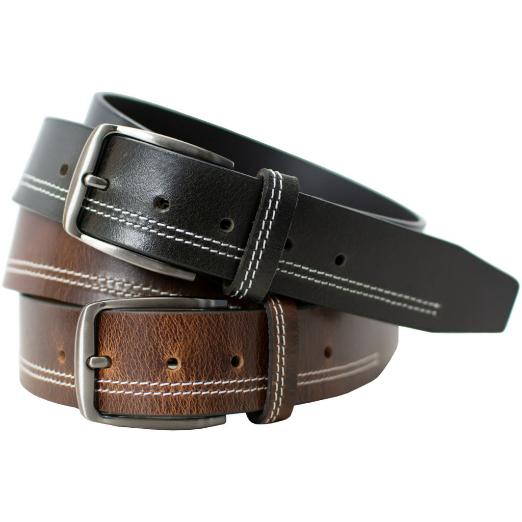 Millennial Black Stitched and Brown Stitched Leather Belt Set. Full grain leather, white stitching.