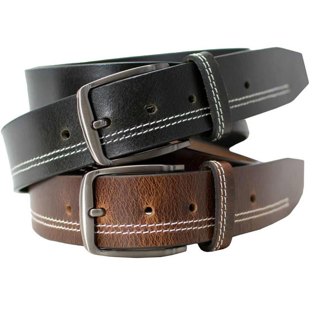 Millennial Black Stitched and Brown Stitched Leather Belt Set. Silver-tone buckles stitched to strap