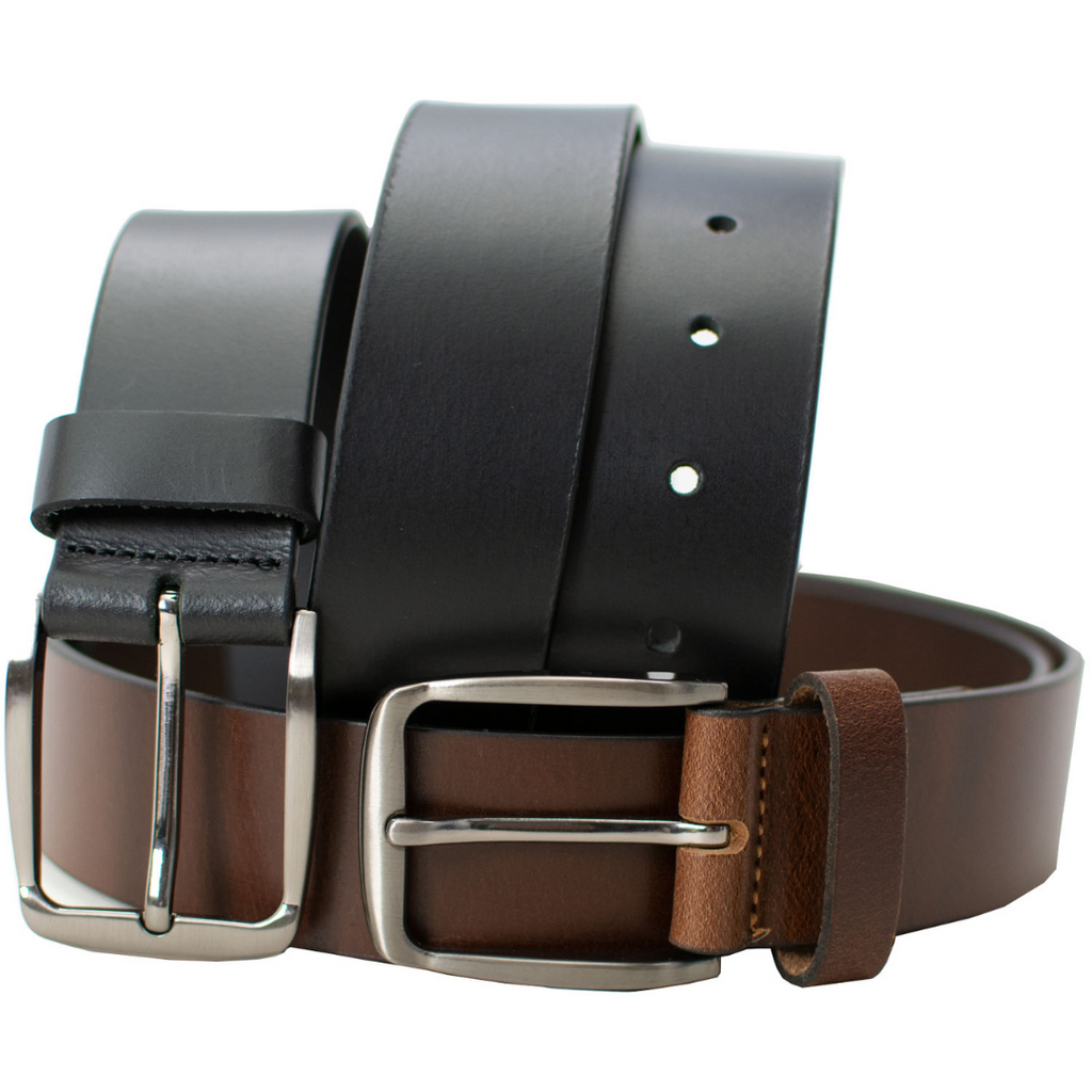 Millennial Black and Brown Leather Belt Set. Silver-tone buckle sewn to full grain leather straps.