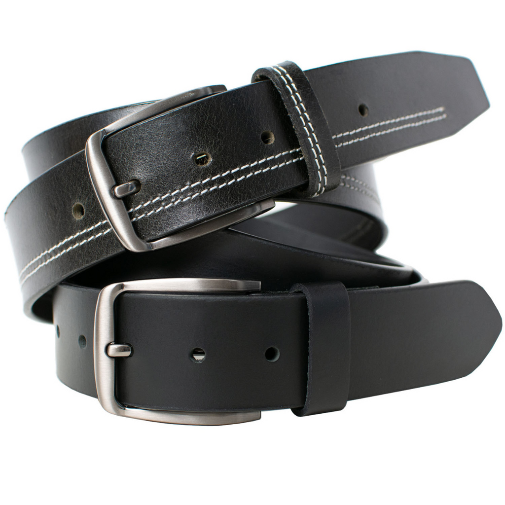 Millennial Black and Black Stitched Leather Belt Set by Nickel Zero | Two black belts, nickel free