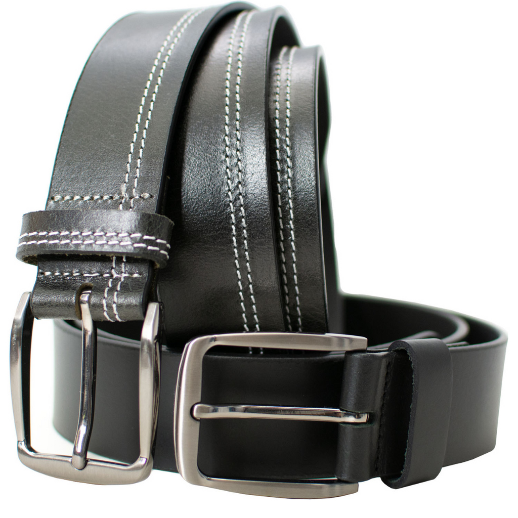 Millennial Black and Black Stitched Leather Belt Set. Slick black leather straps, silver buckles.