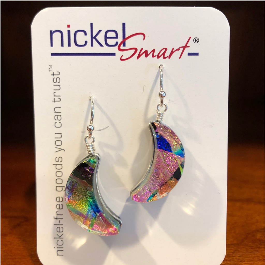 New! Moon Goddess Dichroic Glass Earrings on a Nickel Smart earring card. Every pair is unique.