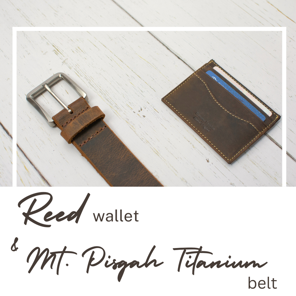 Reed Wallet & Mt. Pisgah Titanium Belt. Matching distressed brown leather set.