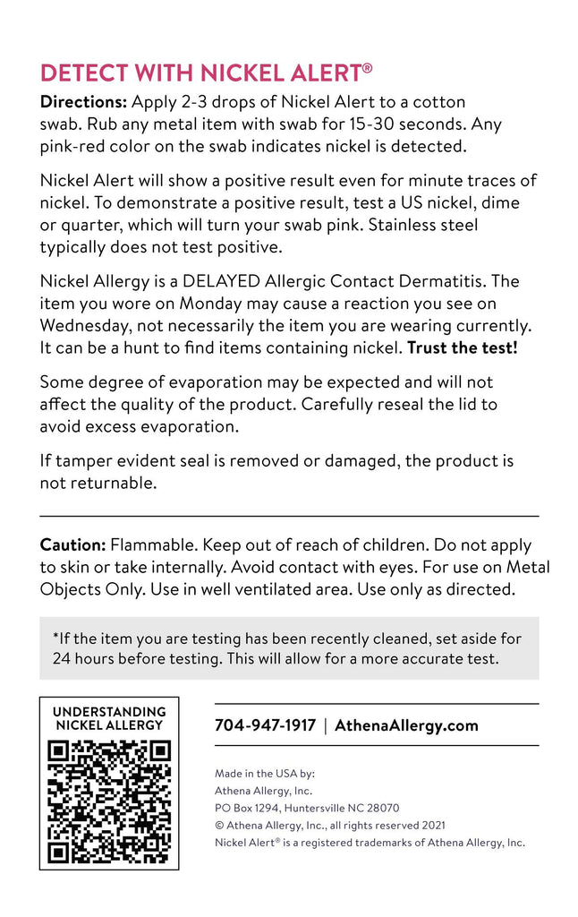 Nickel Alert product instructions and Athena Allergy contact information.