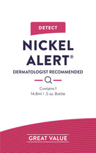 Nickel Alert packaging. Dermatologist recommended. Contains 1 14.8ml bottles. Great value.