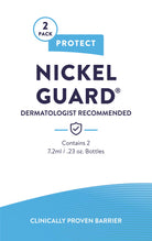 Nickel Guard packaging. Dermatologist recommended. Contains 2 1 7.2ml bottles of Nickel Guard.