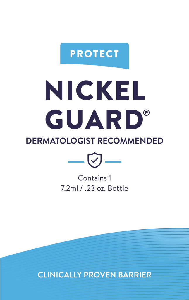 Nickel Guard packaging. Dermatologist recommended. Contains 1 1 7.2ml bottle of Nickel Guard.