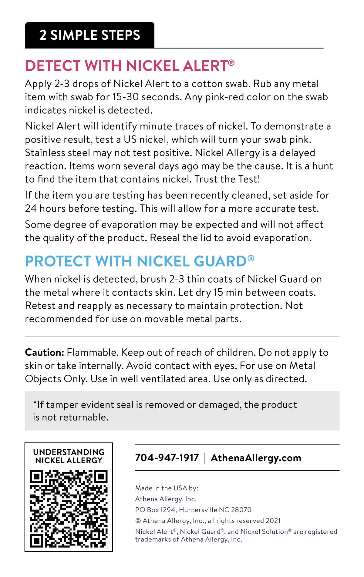 Nickel Solution Directions.  Detect with Nickel Alert, Protect with Nickel Guard.  Call 704-947-1917 for detailed instructions