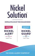 Nickel Solution packaging. Dermatologist recommended. Contains 1 14.8ml bottle of Nickel Alert and 1 7.2ml bottle of Nickel Guard.