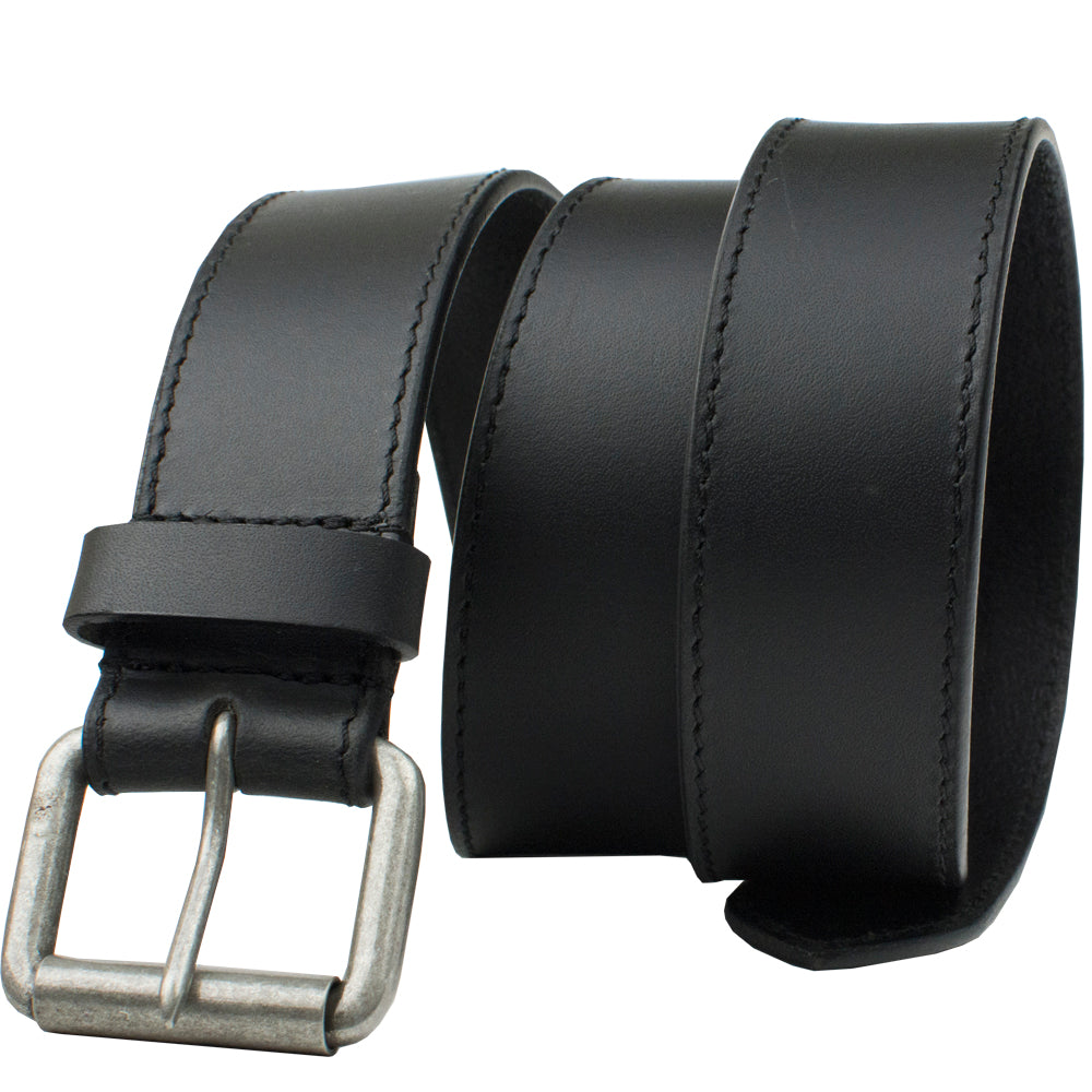 Outback Black Leather Belt. Buckle is narrow rectangle with single prong and roller feature.
