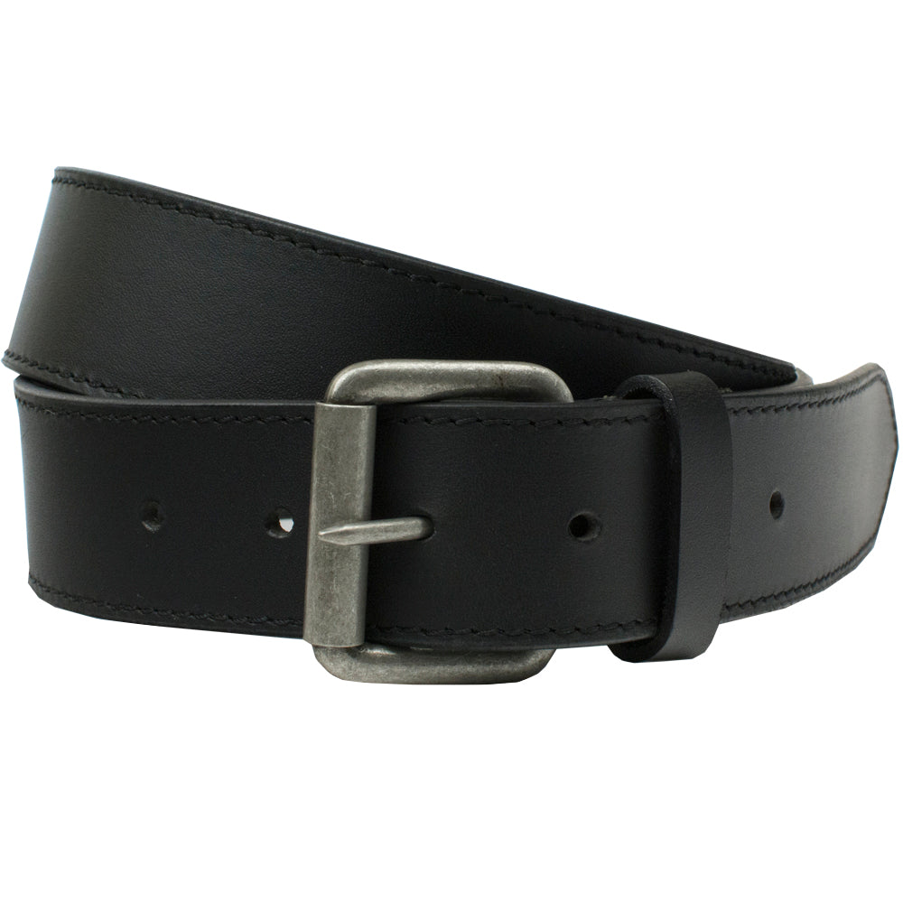 Outback Black Leather Belt. Zinc alloy roller buckle; black leather strap with single stitch edges.