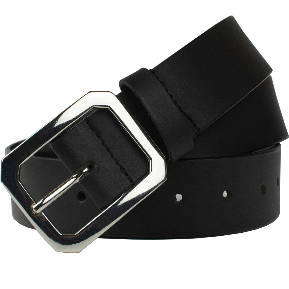 Peacekeeper Belt. Oversize zinc alloy buckle stitched directly to solid strap of full grain leather.