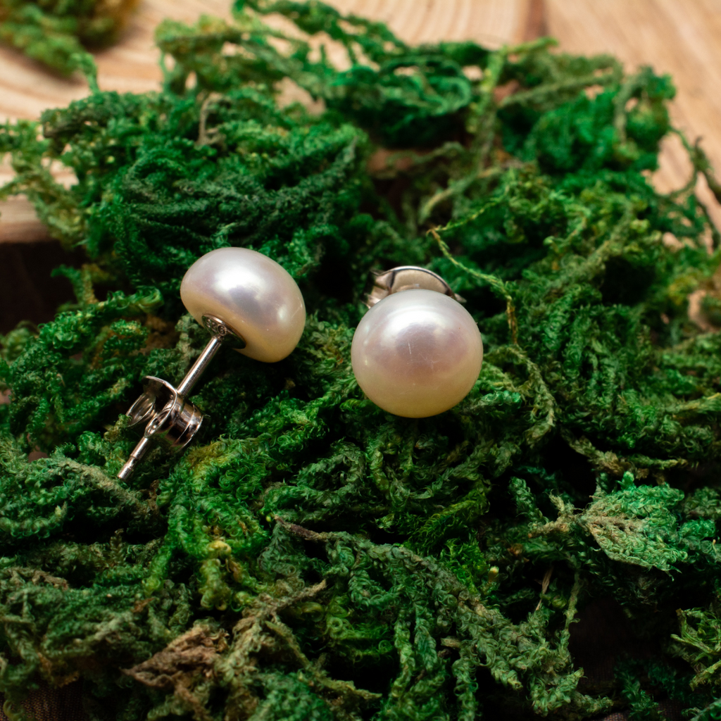 Magnolia Freshwater Pearl Post Earrings | Pearl posts with push backs on a bed of moss