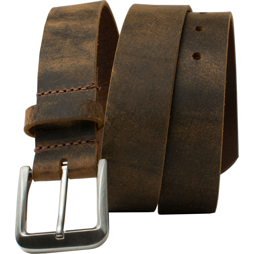 Mt. Pisgah Titanium Distressed Leather Belt by Nickel Smart. Distressed brown leather strap.