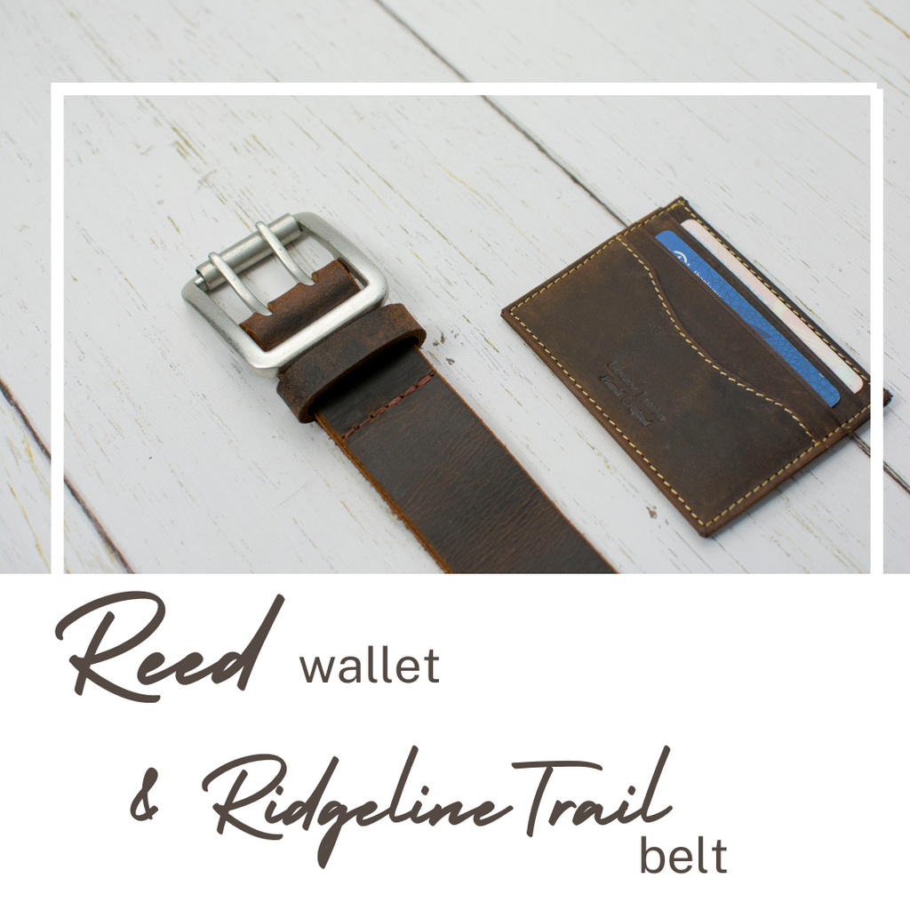 Reed Wallet & Ridgeline Trail Belt displayed. Brown distressed leather construction.