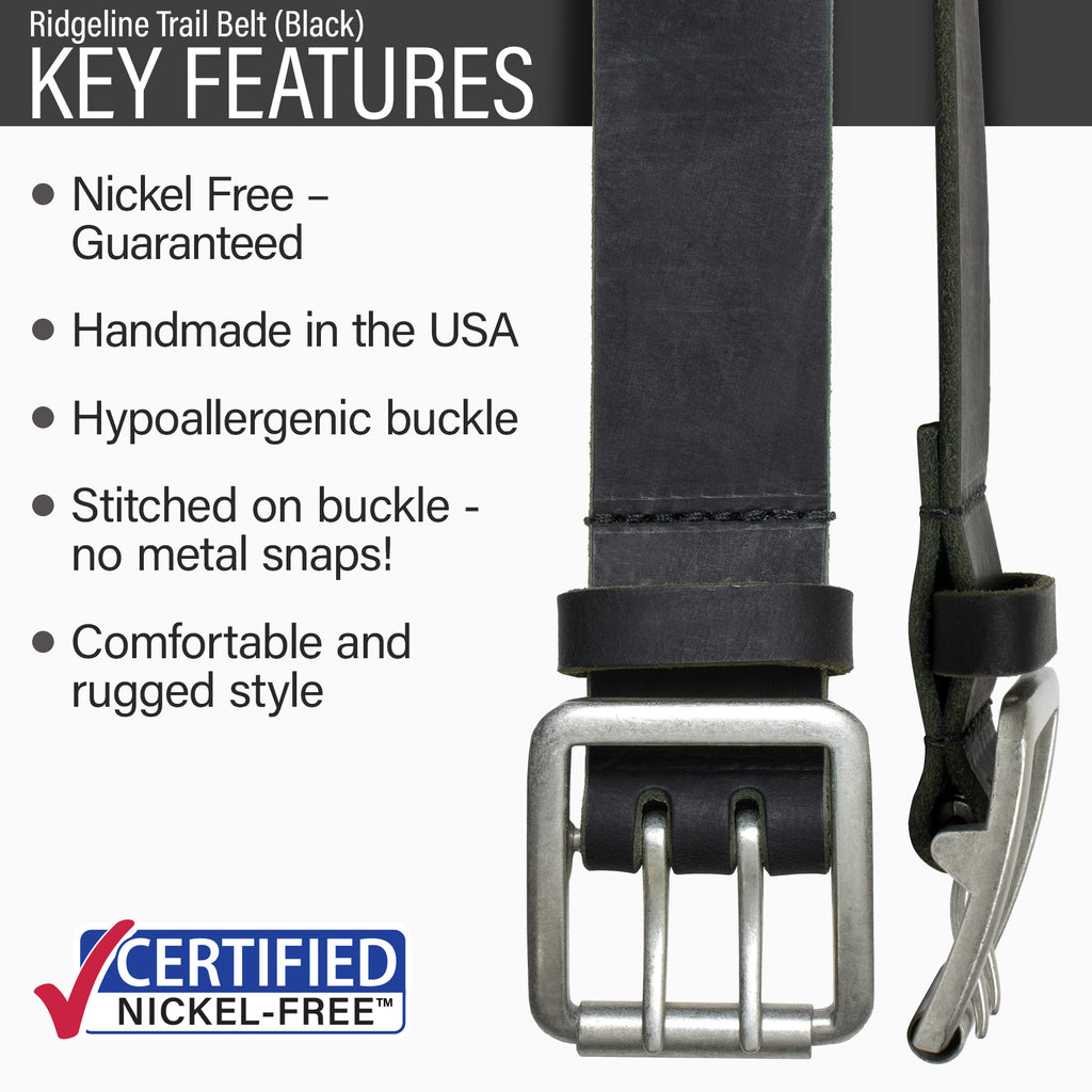 Hypoallergenic buckle, made in the USA, stitched on nickel-free buckle, rugged style.