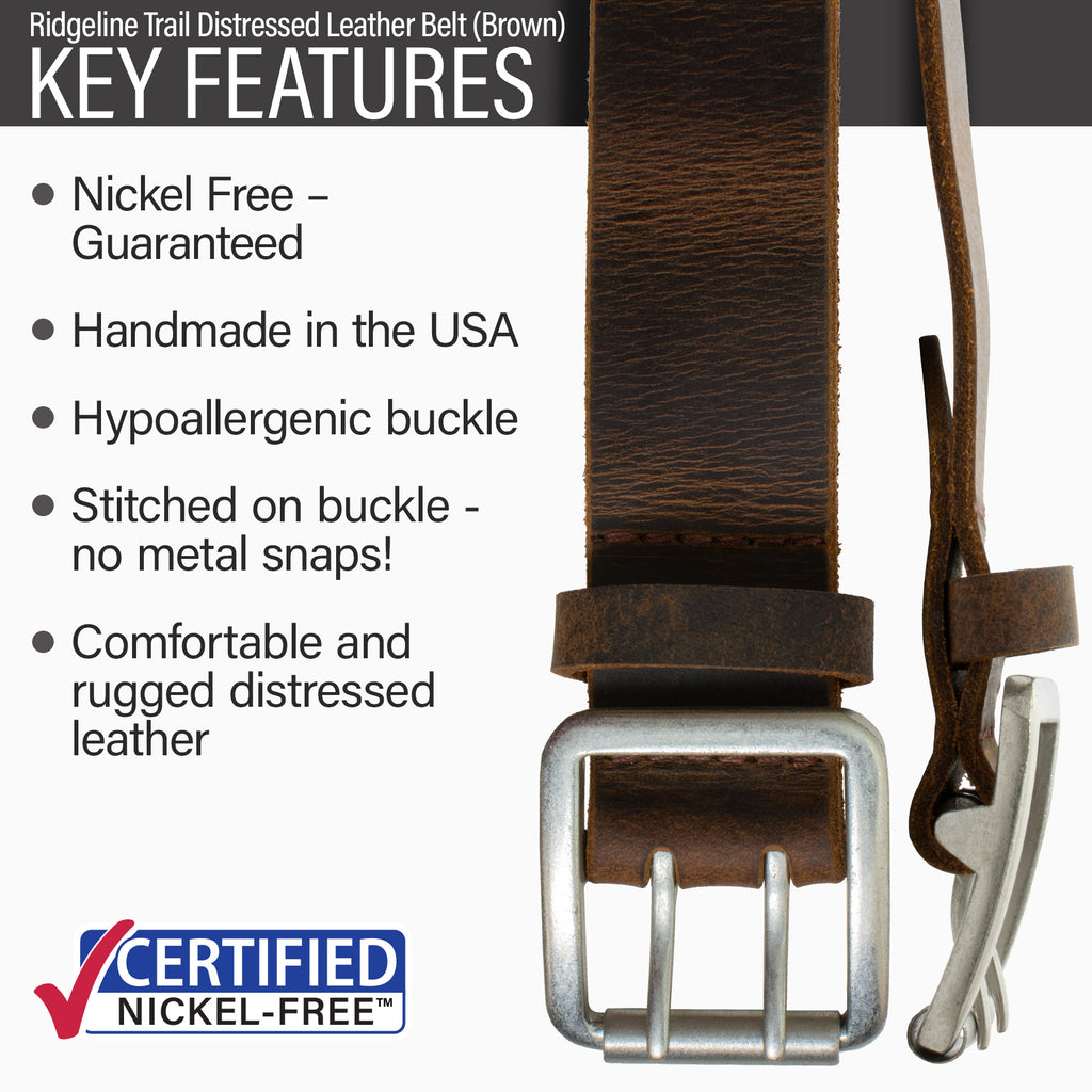 Hypoallergenic buckle, made in the USA, stitched on nickel-free buckle, rugged style.