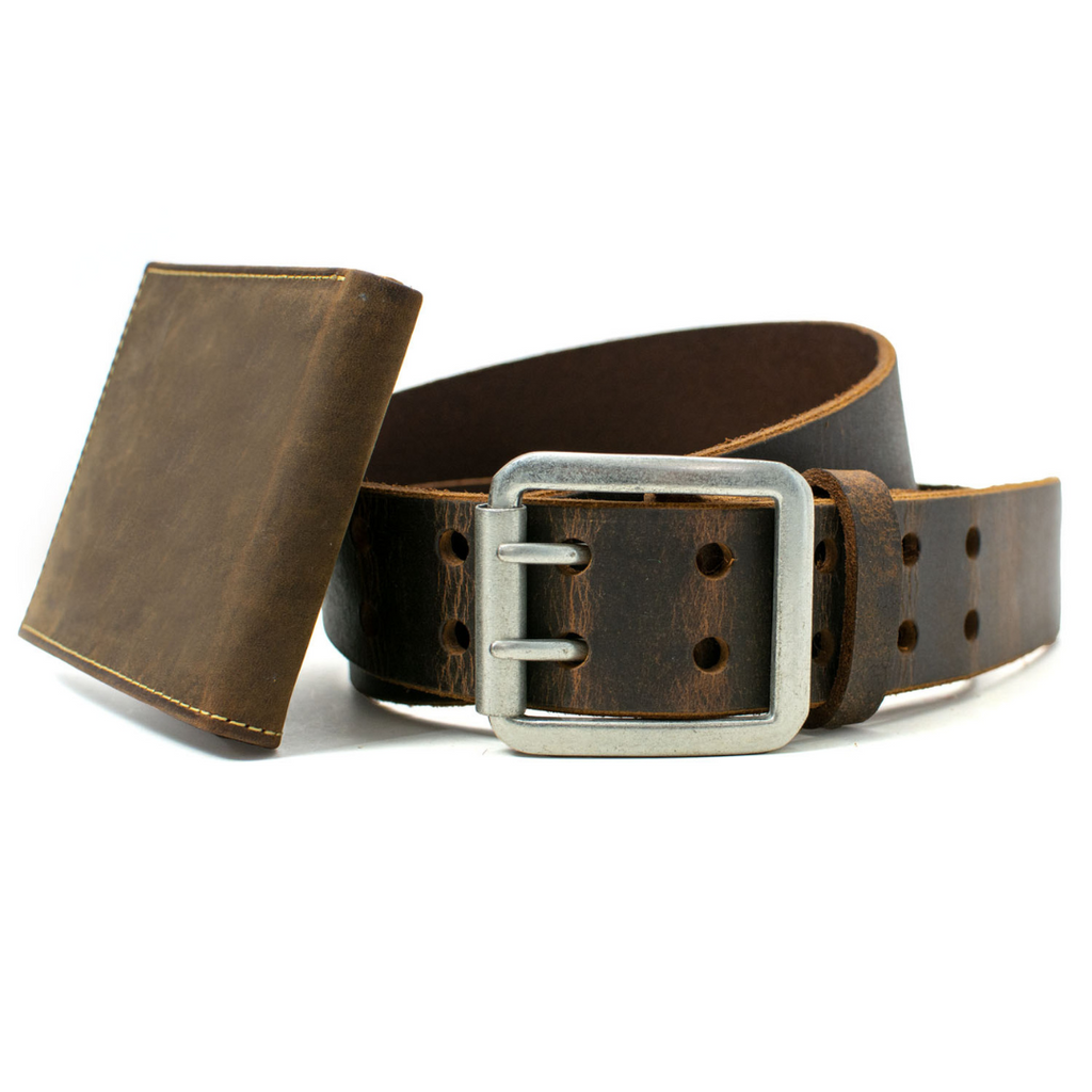 Ridgeline Trail Brown Distressed Leather Belt and Wallet Set by Nickel Smart