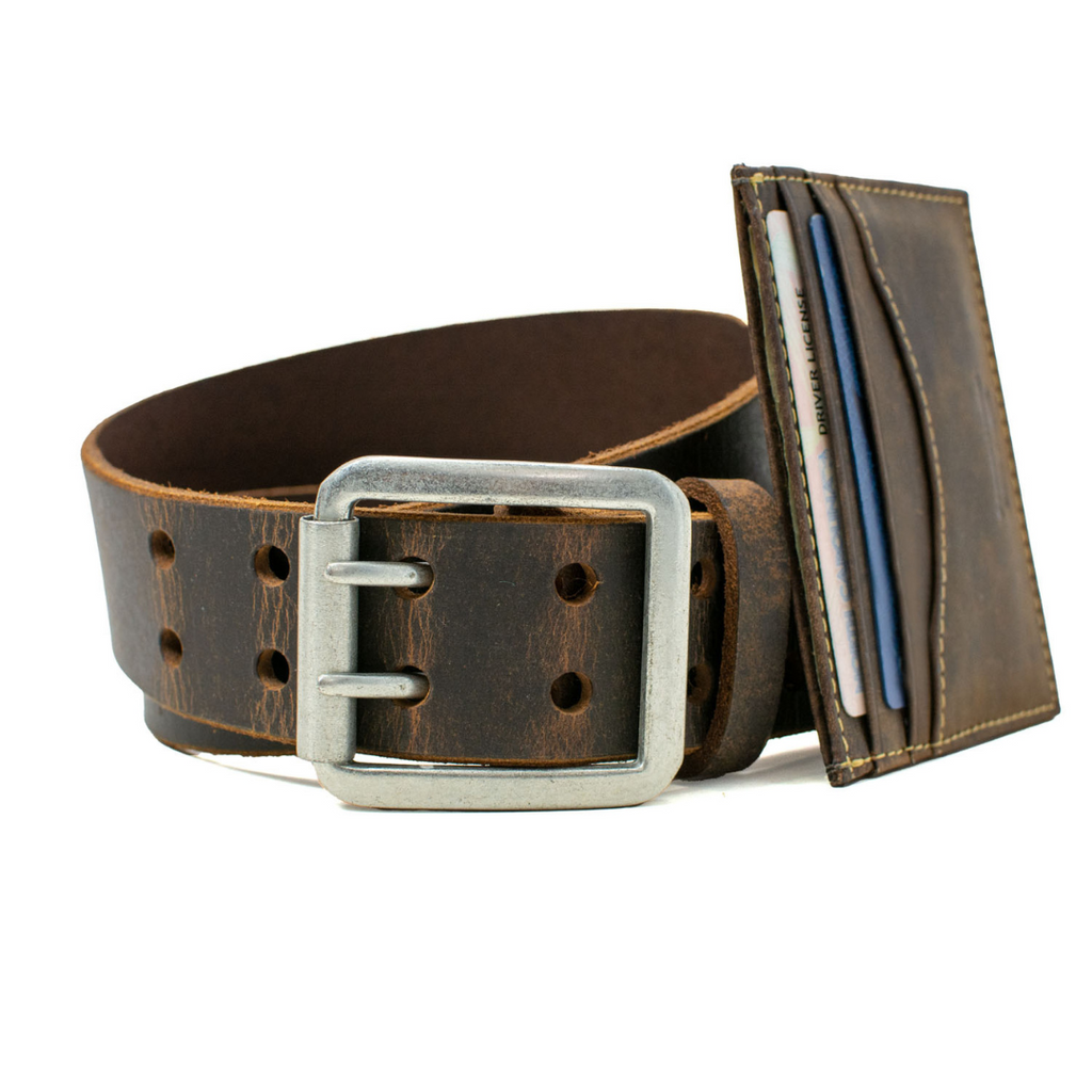 Ridgeline Trail Brown Distressed Leather Belt and Wallet Set. Matching dark brown distressed leather
