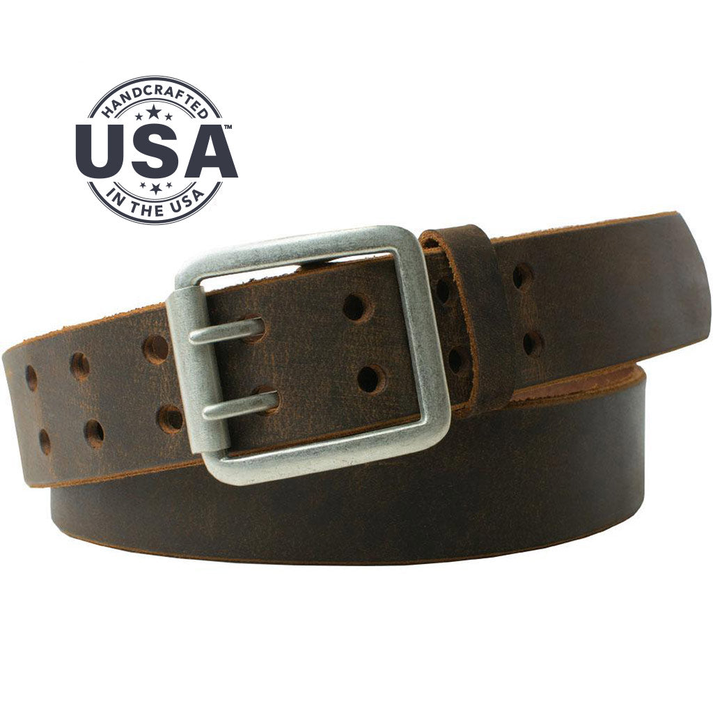 Ridgeline Trail Belt Set. Handcrafted in the USA. Brown belt is distressed; buckle is stitched on.