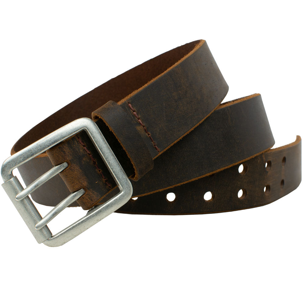 Ridgeline Trail Distressed Leather Belt (Brown). Unique buckle is stitched directly to casual strap.