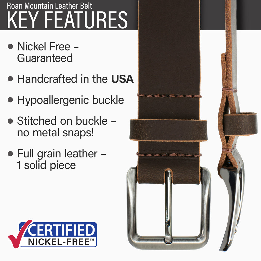 Guaranteed nickel free; made in USA; buckle stitched on; no metal snaps; solid leather strap.