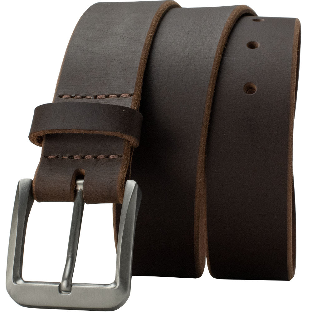 Roan Mountain Titanium Belt by Nickel Smart. Soft, dark brown strap; gunmetal gray buckle.