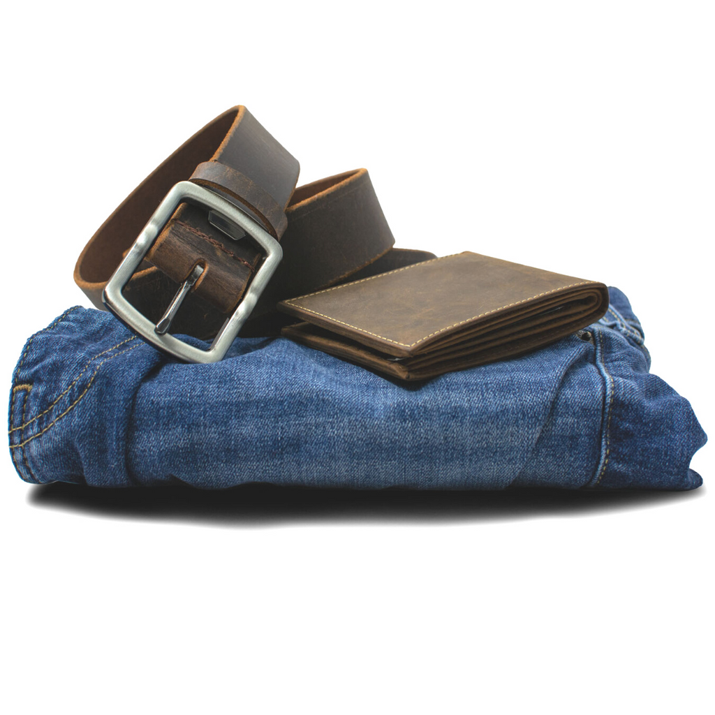 Image of Rocky River Brown distressed leather belt with matching distressed bifold wallet on jeans.