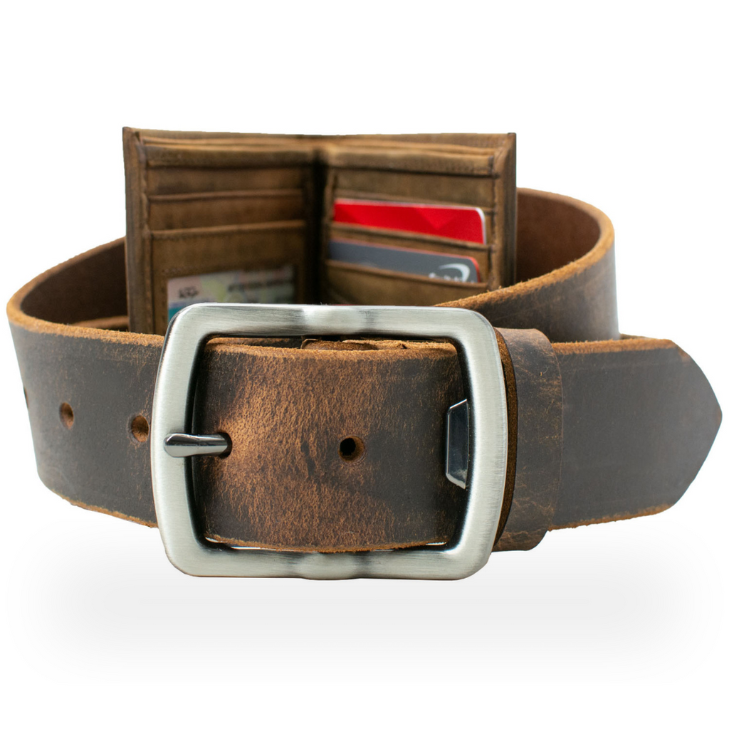 Image of Rocky River Brown distressed leather belt with matching distressed bifold wallet.