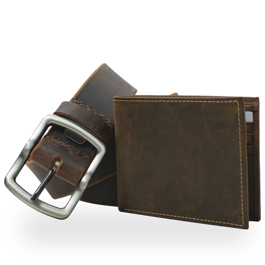 Image of Rocky River Brown distressed leather belt with matching distressed bifold wallet.